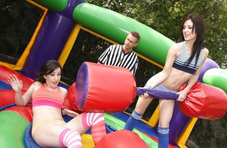 Teens Candace and Jennifer getting into a gangbang with a big cock