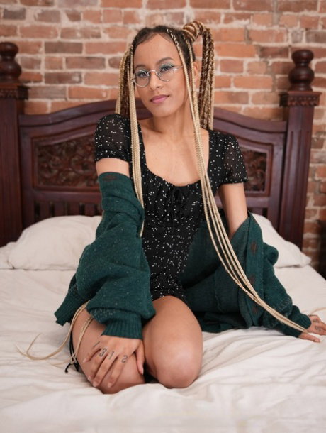 Geeky hottie Cherry Glazed strips and poses naked in her bedroom