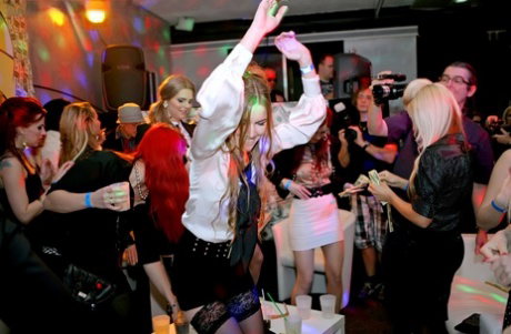 Drunk and wild party girls get their fill of hard cock in a hot club orgy