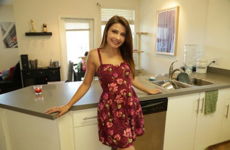 Sweet teen Adria Rae flashes in a kitchen before POV pussy to mouth sex