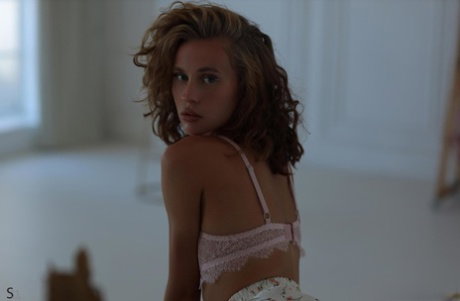 Cute babe Gwen takes off her sexy lingerie & shows off her skinny naked body