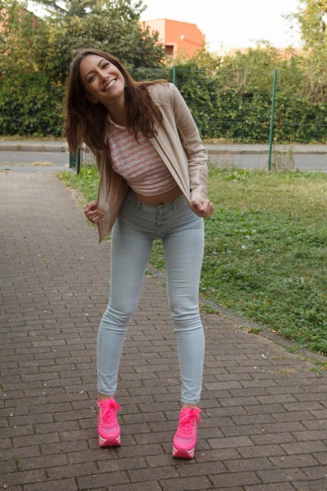 Italian teen Jaye Lough flexes her bare toes after removing over the knee hose