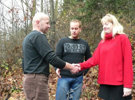 Blonde amateur Roxanna tastes two stiff rods and gets facialized in the woods