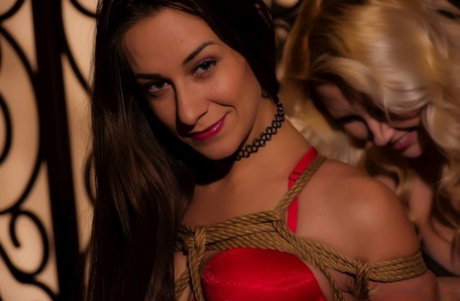 Teen lovers Samantha Rone partake in lezdom play at the top of the stairs