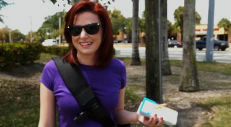 Small boobed ginger Emma Evins fucking for cold hard cash in a van