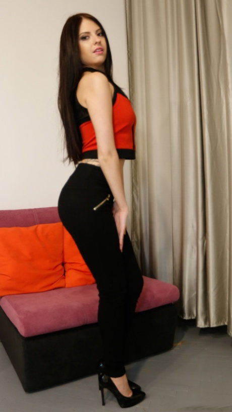 Petite brunette Rebecca flaunts her sweet ass and takes a knob in POV action
