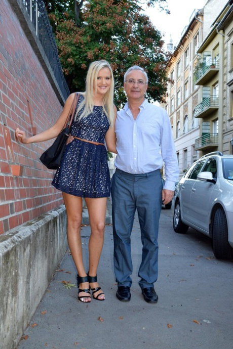 Leggy Russian Andrea Francis puts a sexy outfit on and blows an old man's dick