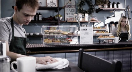Young blonde Lily Larimar has sex with a guy while they're working in cafe