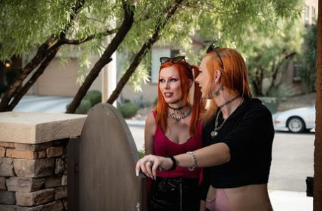 Redhead Robin Coffins enjoys a 3 on 1 foursome with her shemale friends