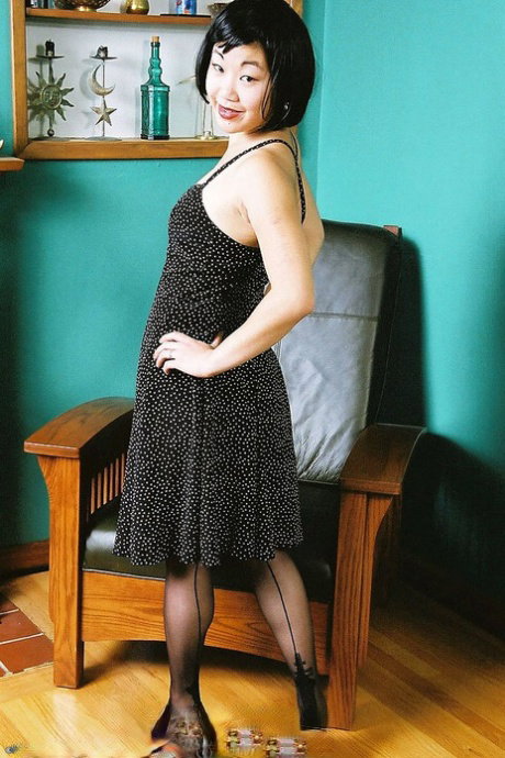 Amateur Korean model Junko posing topless in black pantyhose