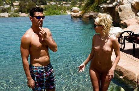 Naked blonde cutie Aaliyah Love fucking big cock by pool for cumshot