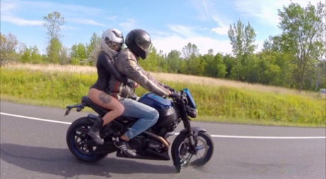 Blonde Canadian Vyxen Steel screws a tall biker and gets facialed in public
