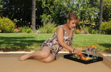 Horny neighbour with huge juggs Marissa strips and masturbates outdoors