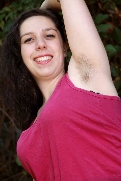 Amateur fatty Nadeen shows her hairy armpits & spreads bush naked outdoors