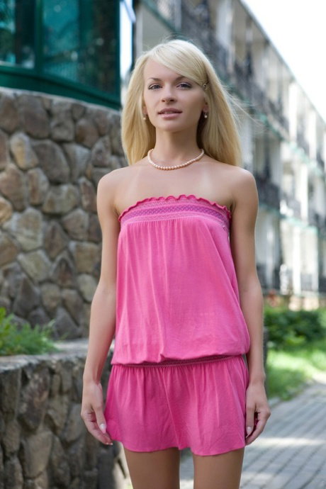 Teen with tiny tits Helen F reveals her small muff and poses in public