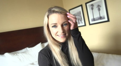 Blonde teen Kate Kennedy receives cum in her mouth after sex on a bed