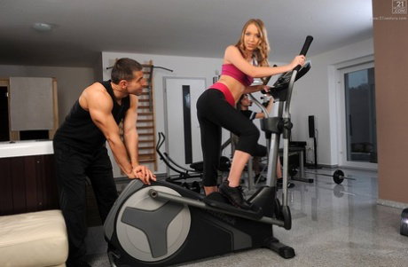 Petite teen lady gets rimmed and assfucked by a muscled fellow in the gym