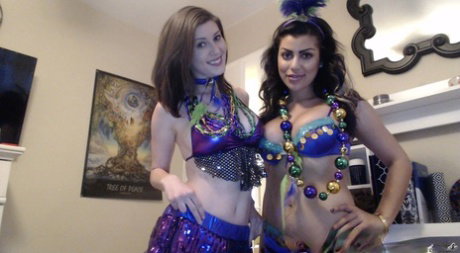 Belly dancer Briana Lee stripping and making out with her lesbian girlfriend
