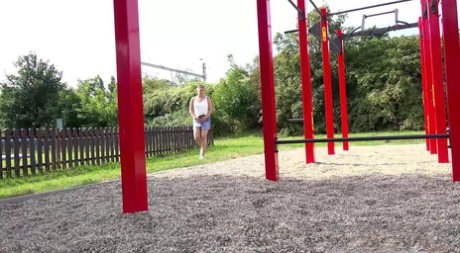 Caucasian chick Nikki Dream takes a badly needed pee on playground equipment