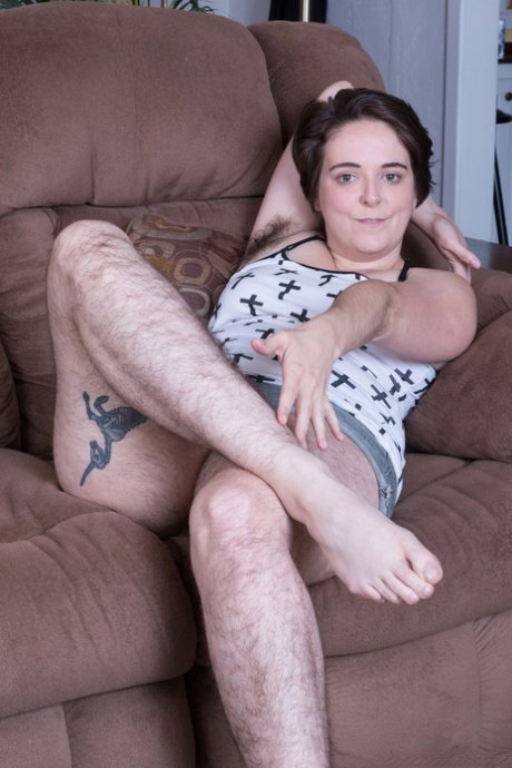 Chubby amateur Harley stripping & teasing with her hairy body & pierced clit