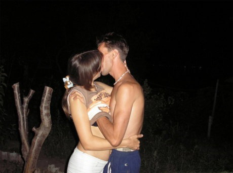 Horny teen couple fuck like bunnies in the backyard by porch light