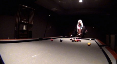 Slutty blonde in nylon stockings Leya Falcon toys her cunt on the pool table