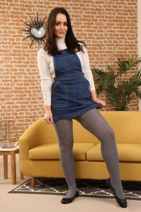 Beautiful babe Brooke Ashleigh strips denim dress & teases in grey pantyhose
