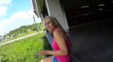 Blonde teen Karoli has outdoor POV sex after a visit to the mall