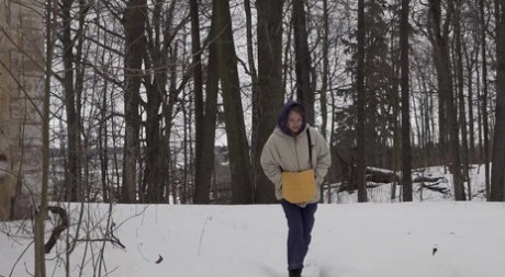 White girl Nastya gets caught with her pants down while peeing on the snow