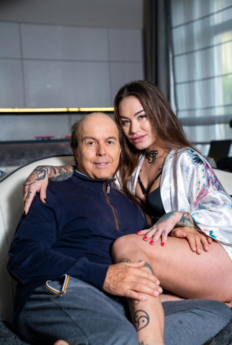 Brunette inked babe Jess Mori seduces her fat old stepdad and gets fucked
