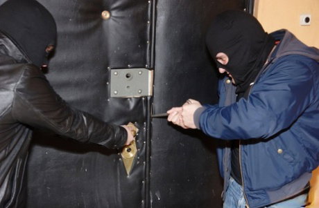 Petite brunette Susannah is stripped by burglars before MMF fucking