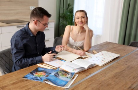 Young girl Ivi Rein seduces her stepbrother while they are studying