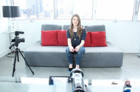 Sexy amateur brunette Alice strips off on the casting couch & shows her pussy