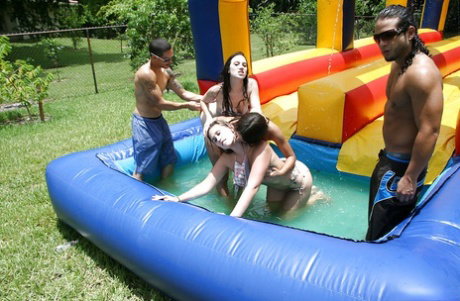 Frisky gals showing off their blowjob skills at the pool party
