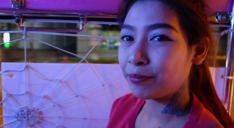 Tattooed Thai female with big tits gets banged by a foreigner in motel room