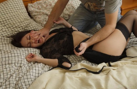 Young girl with brown hair endures hardcore oral and anal sex in stockings