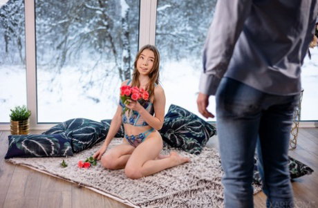 Sweet teen Mirka is gifted a bunch of flowers before sex with a boy