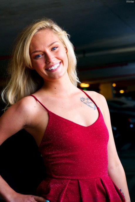 Adorable amateur Winter flashing her tiny tits & twat in the parking garage