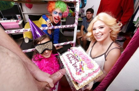 Coed Gia Paige and blindfolded gf suck cock and lick twat at birthday party