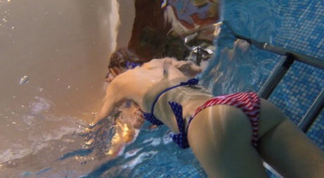 Erotic young swimmer Anina Silk in patriotic bikini gets boned by the pool