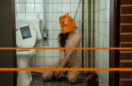 Caucasian female is tied up in a bathroom with a bag on her head