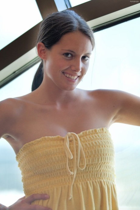 Delicious babe Amanda flashes her tits in public before masturbating at home