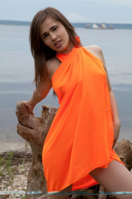 Sweet teen girl Trista A takes off her dress to pose naked down by the ocean