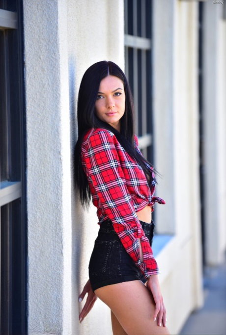 Long legged brunette in jean shorts Marley flashes boob & ass in public