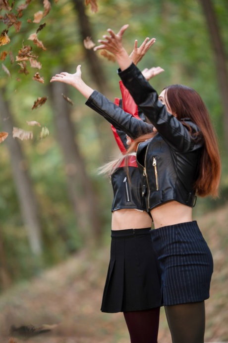 Beautiful lesbian Jeny Smith & her sexy GF show their small tits outdoors