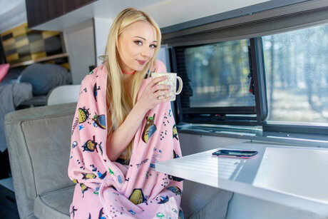 Blonde teen Cecelia Taylor seduces her stepbrother while he's inside an RV