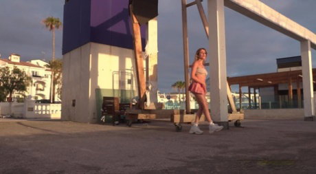 Blonde teen Melody Teen takes a piss on a concourse out of desperation