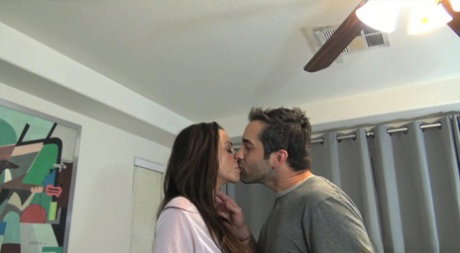 Big boobed Latina female greets her guy with a kiss before a BJ and a fuck