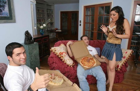 Stunning latina cougar has a fervent foursome with hung pizza-guys