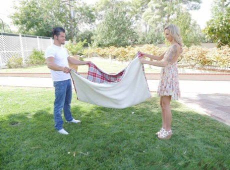 Young blonde Emma Hix spreads her legs for a deep vaginal fuck on front lawn
